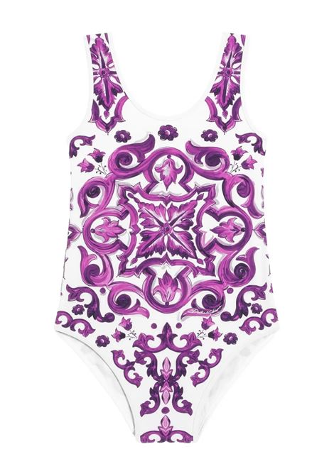 One-Piece Swimsuit with Purple Maiolica Print DOLCE & GABBANA KIDS | L5J812-ON07UI23TN